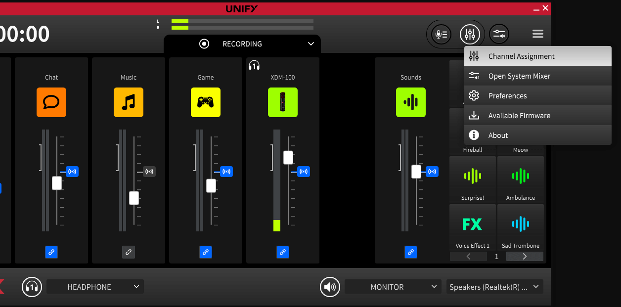 Selecting channel assignment window in UNIFY